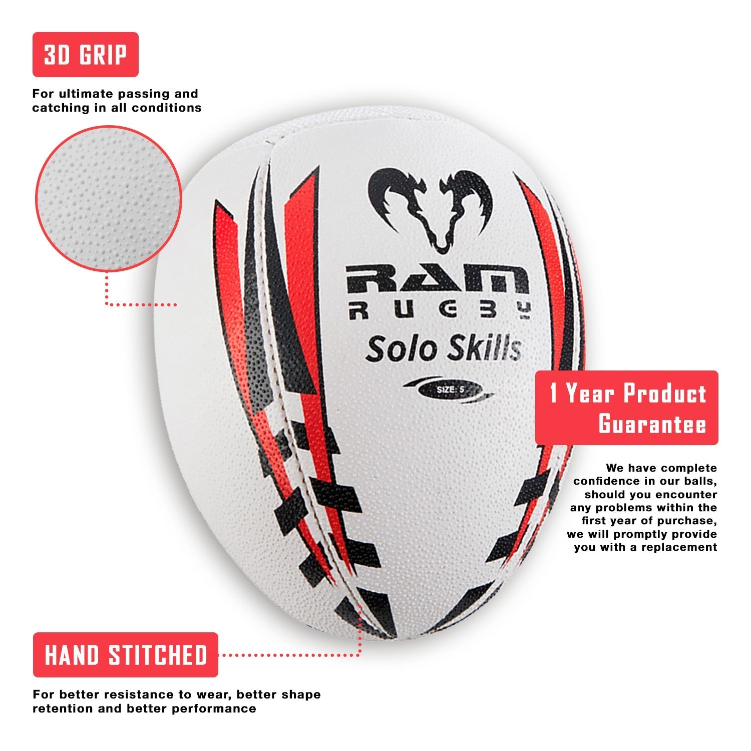Ram Rugby Skills Ball Bundle showing five red Size 5 Gripper 2.0 balls with kicking tee and breathable backpack bag.