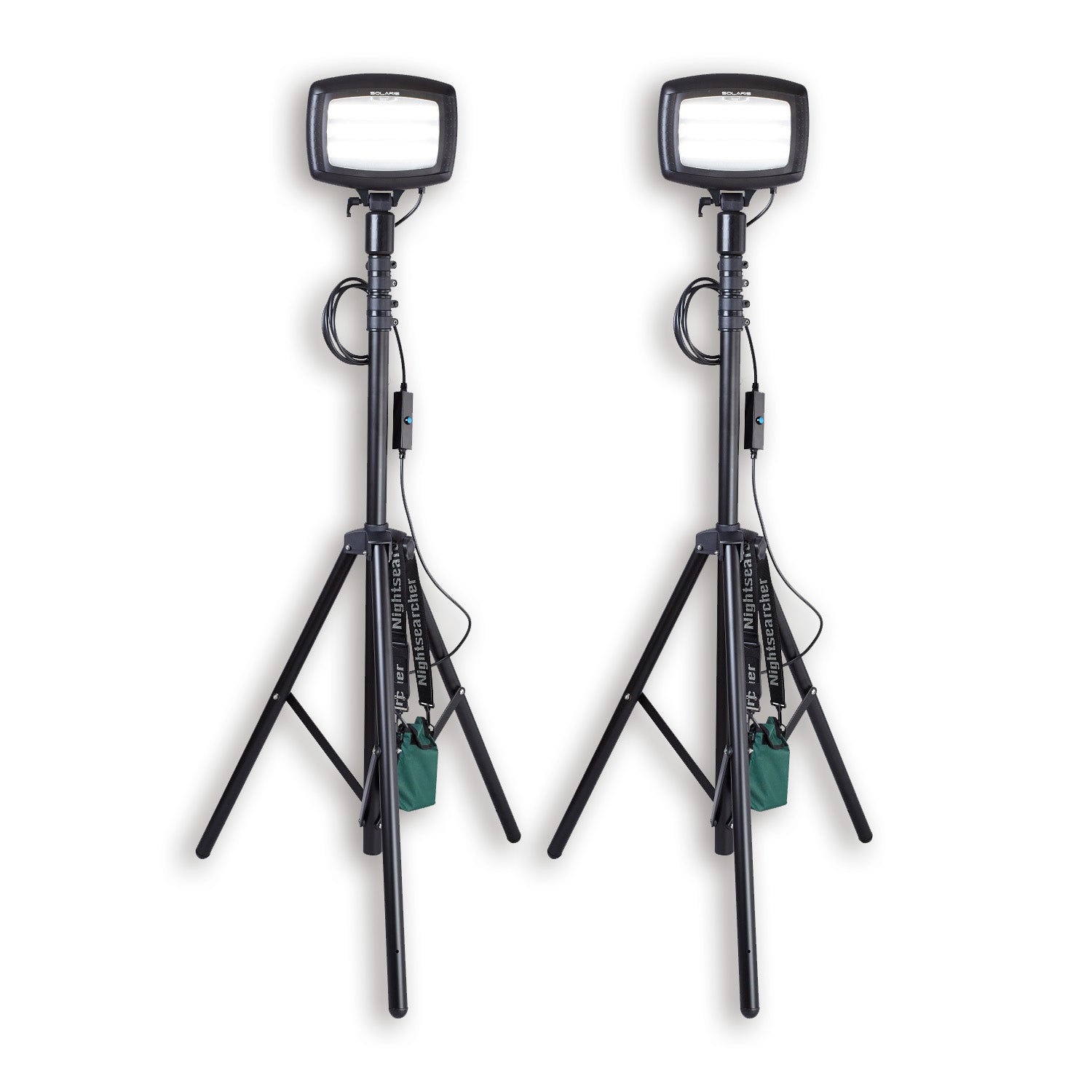 Nightsearcher Solaris Megastar 20K LED rechargeable floodlight showing adjustable brightness controls and robust outdoor design