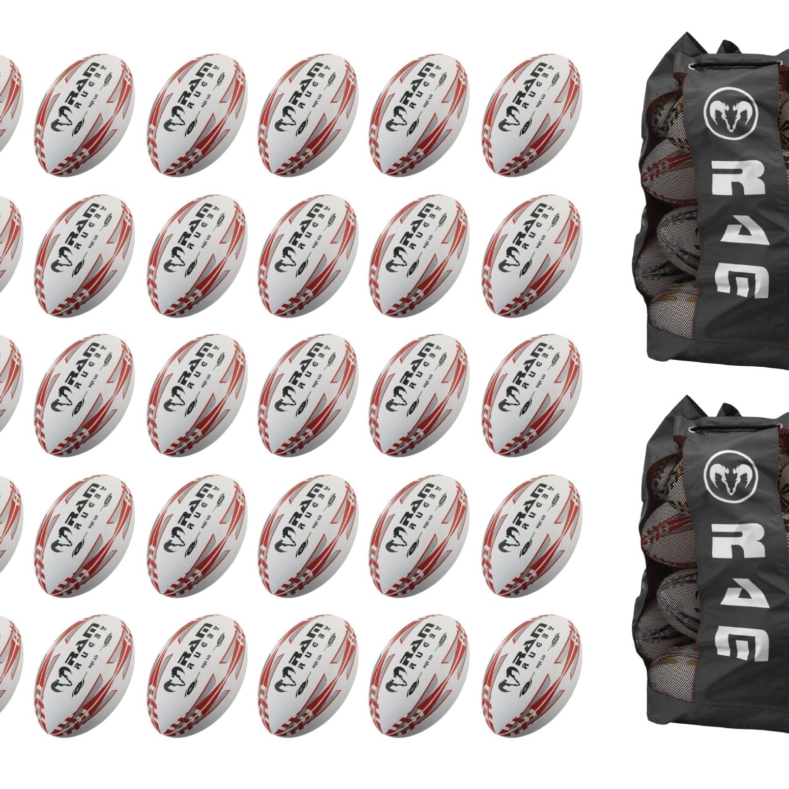 Ram Rugby Squad Trainer Ball Bundle with 30 durable size 5 training balls and 2 breathable mesh storage bags for rugby practice