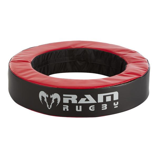 Ram Rugby black and red 46cm tackle bag ring shown flat, durable training aid for rugby tackling drills and impact practice
