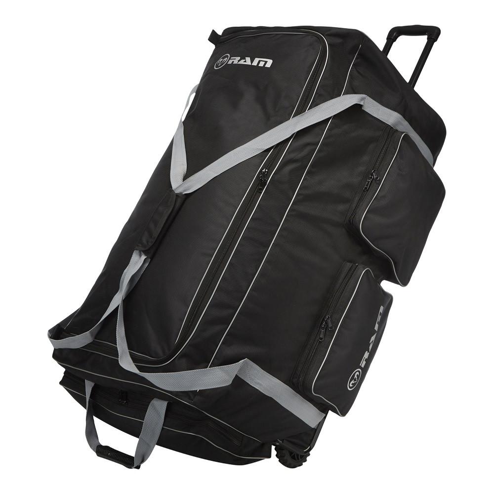 Ram Rugby Team Kit Bag Pro in black Cordura with three wheels and large straps for easy transport of sports gear