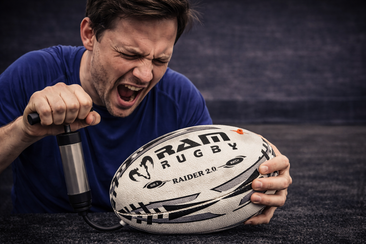 Inflating a rugby ball with a hand pump and pressure gauge