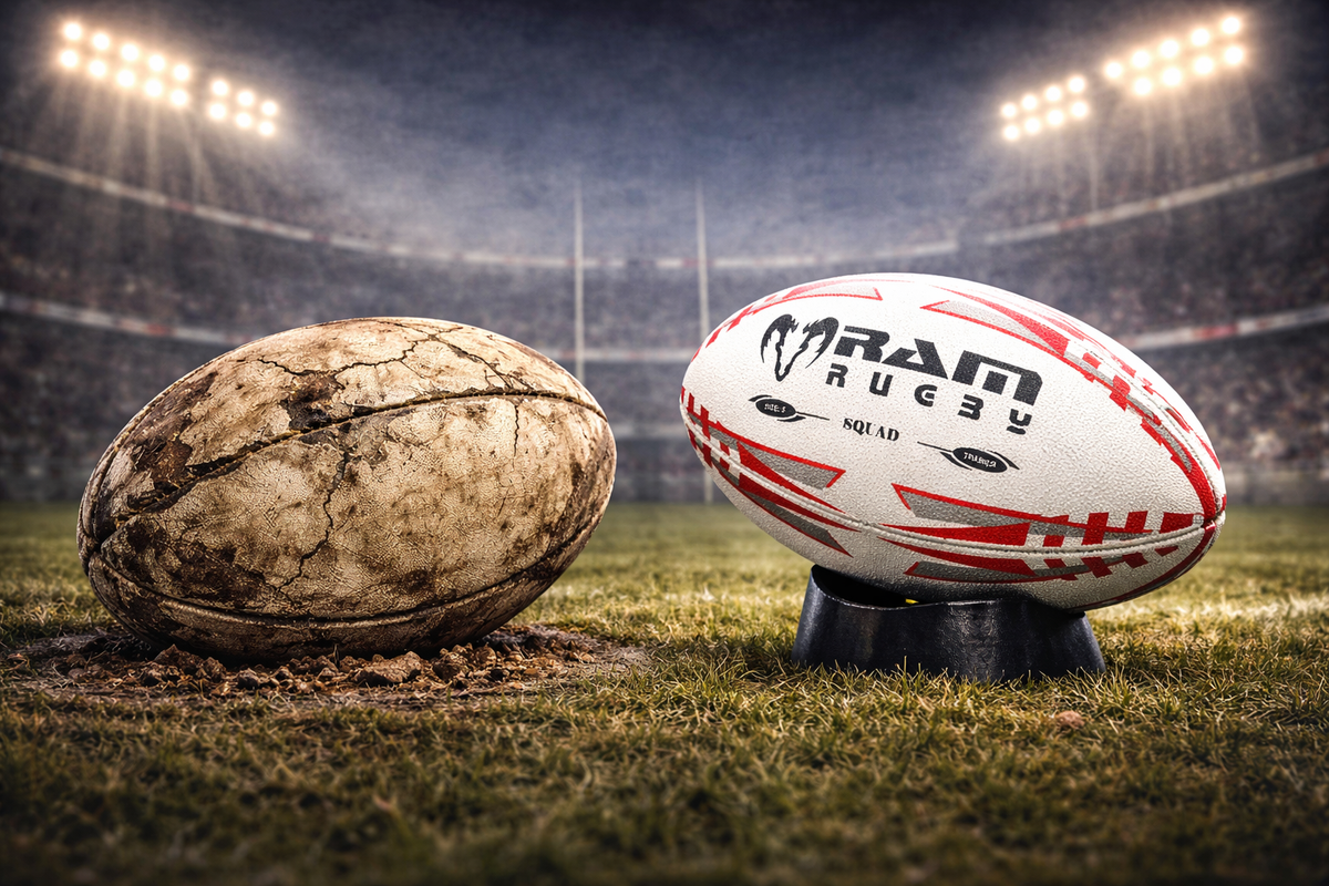 Rugby balls stored in a mesh bag on a shelf at the correct pressure