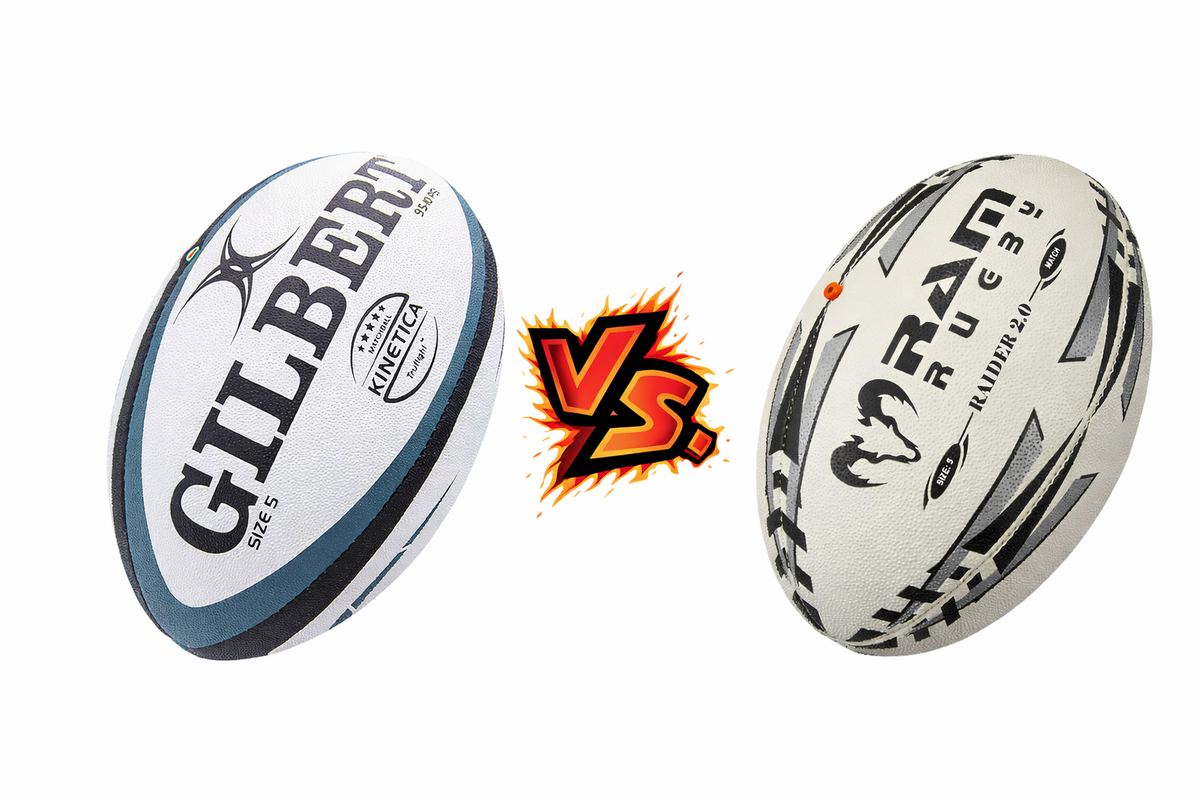 Rugby balls from several brands lined up for comparison