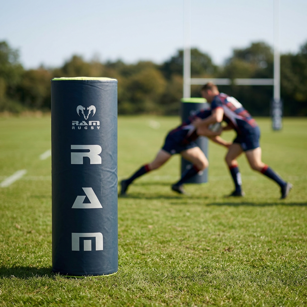 A rugby tackle bag and a hit shield placed side by side