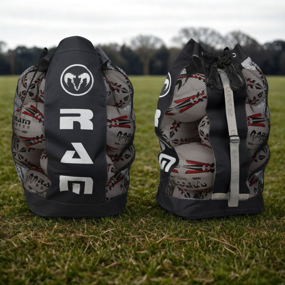 Bags of youth-size rugby balls ready for a junior training session