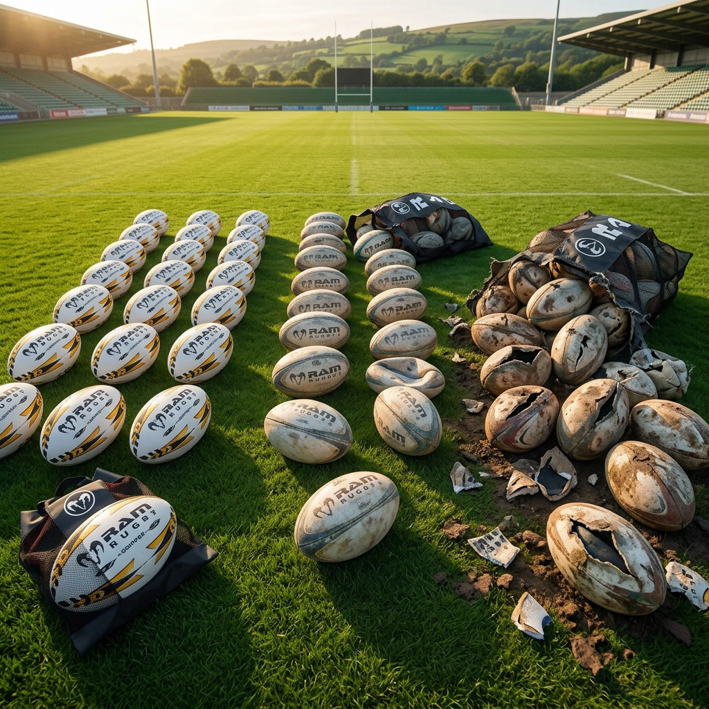 Rugby balls at different stages of wear showing their lifespan