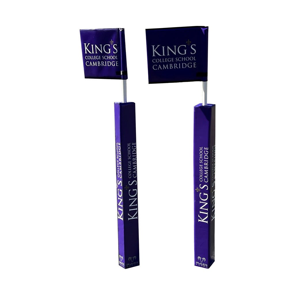 Custom Pole Protector collection by RAM Rugby showing red padded rugby goalpost covers with durable foam for player safety and branding