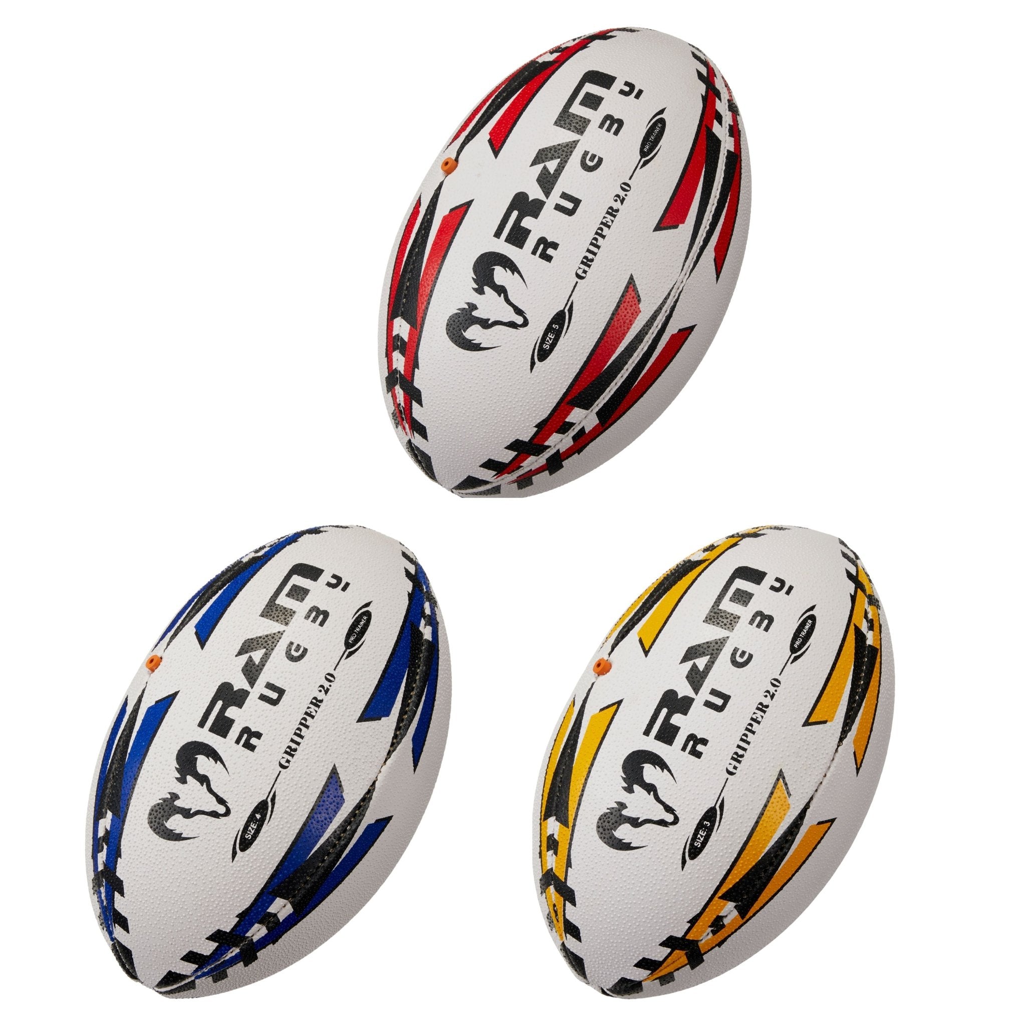 Stack of RAM Rugby Balls collection featuring durable, gripper pro trainer rugby balls in white and orange for all-level play