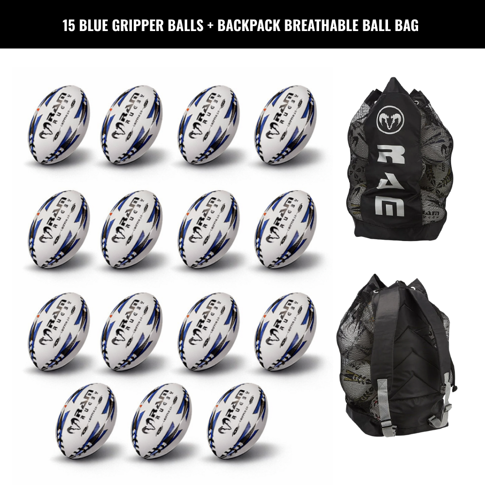 Ram Rugby Gripper 2.0 Pro Trainer - Pack de 15 ballons de rugby et 2 sac
