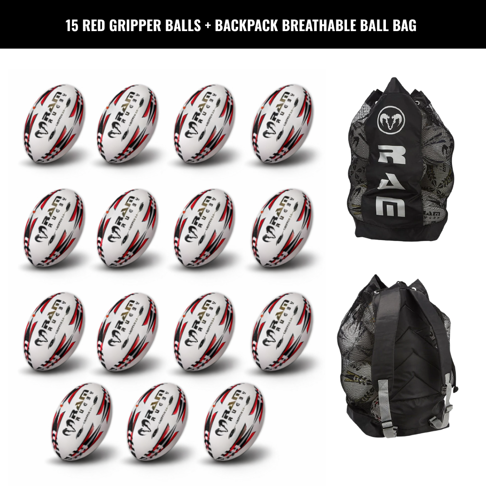 Ram Rugby Gripper 2.0 Pro Trainer - Pack de 15 ballons de rugby et 2 sac