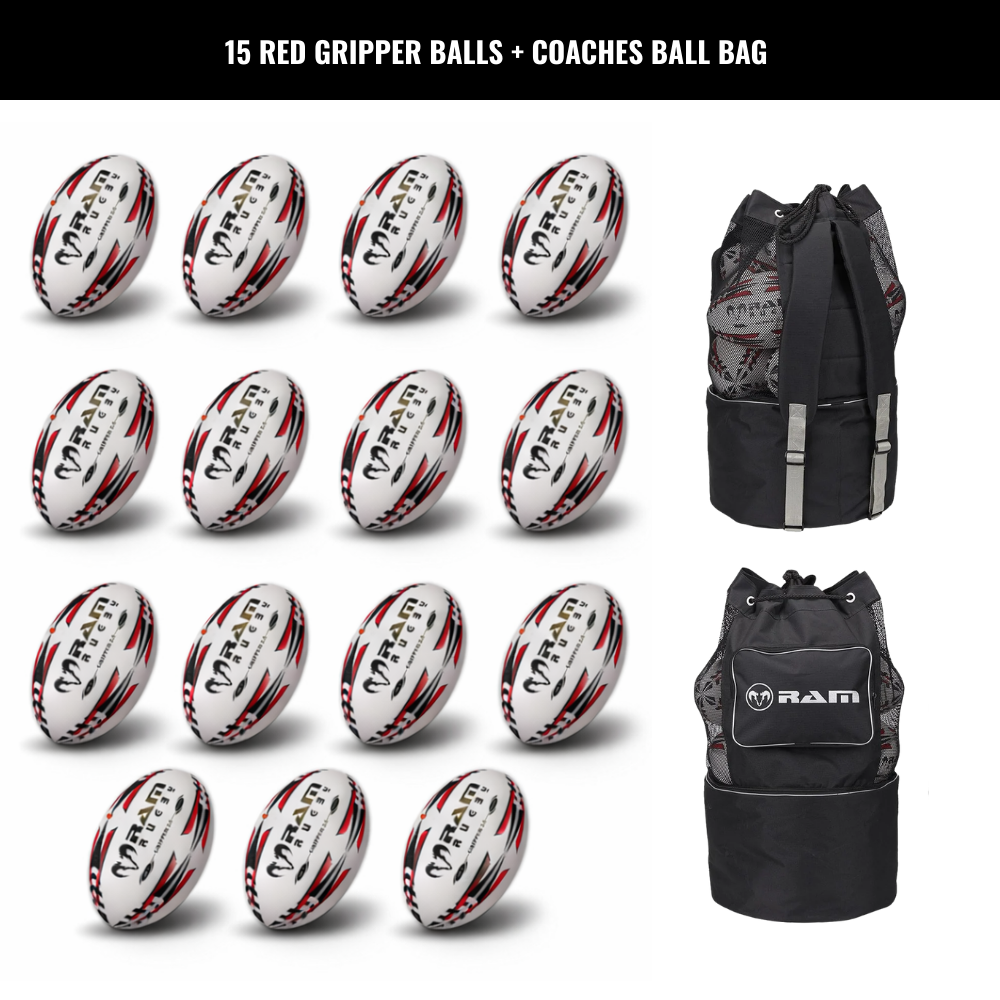 Ram Rugby Gripper 2.0 Pro Trainer - Pack de 15 ballons de rugby et 2 sac