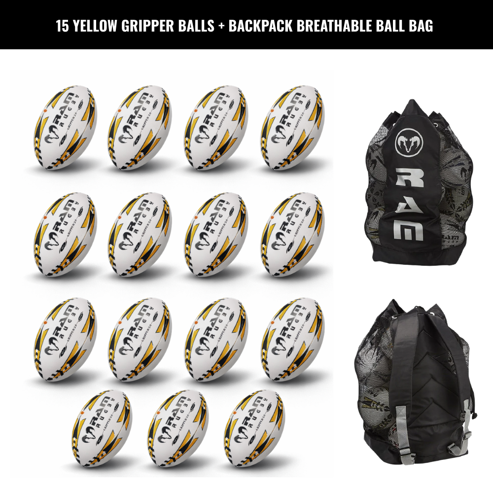 Ram Rugby Gripper 2.0 Pro Trainer - Pack de 15 ballons de rugby et 2 sac
