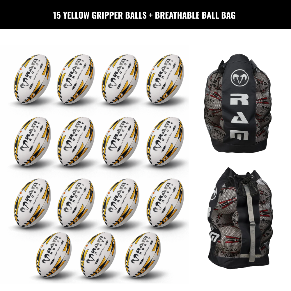 Ram Rugby Gripper 2.0 Pro Trainer - Pack de 15 ballons de rugby et 2 sac
