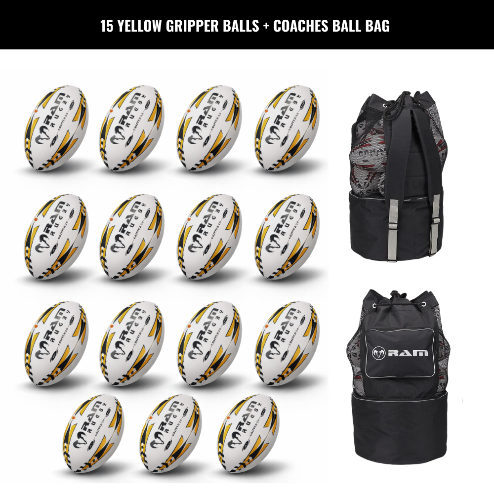 Ram Rugby Gripper 2.0 Pro Trainer - Pack de 15 ballons de rugby et 2 sac