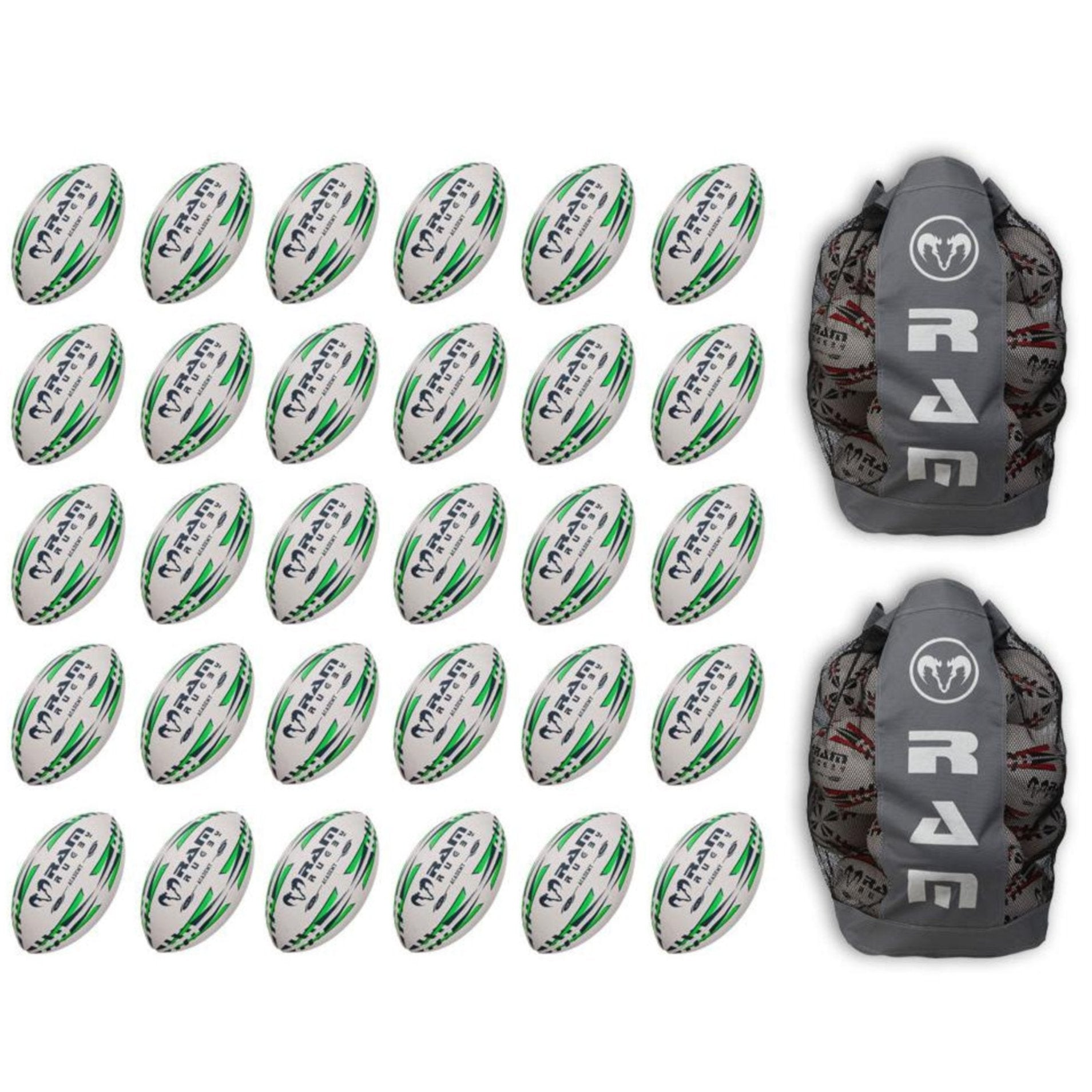 Ram Rugby Academy Trainer Ball Bundle 30 Pack showing multiple orange junior rugby balls with two black breathable storage bags