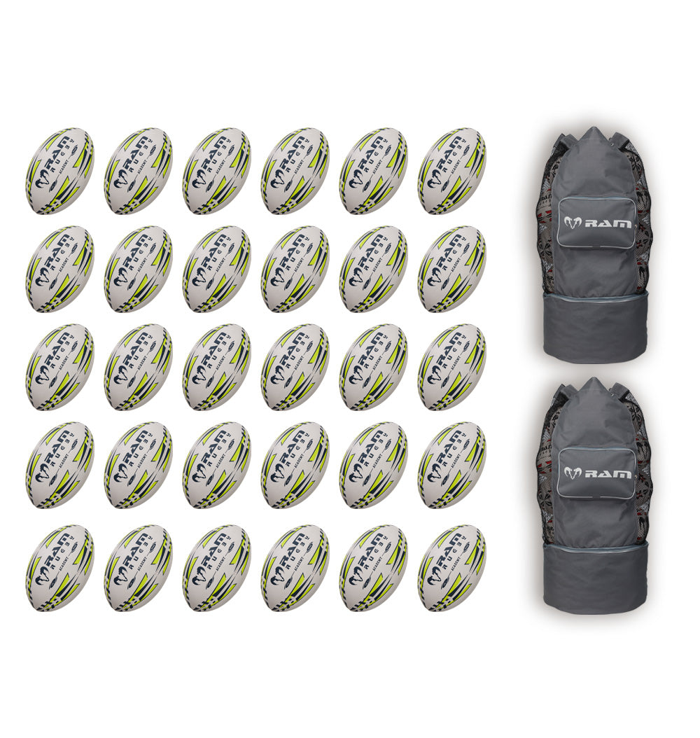 Ram Rugby Academy Trainer Ball Bundle showing 30 orange mini rugby balls packed neatly inside two breathable storage bags.