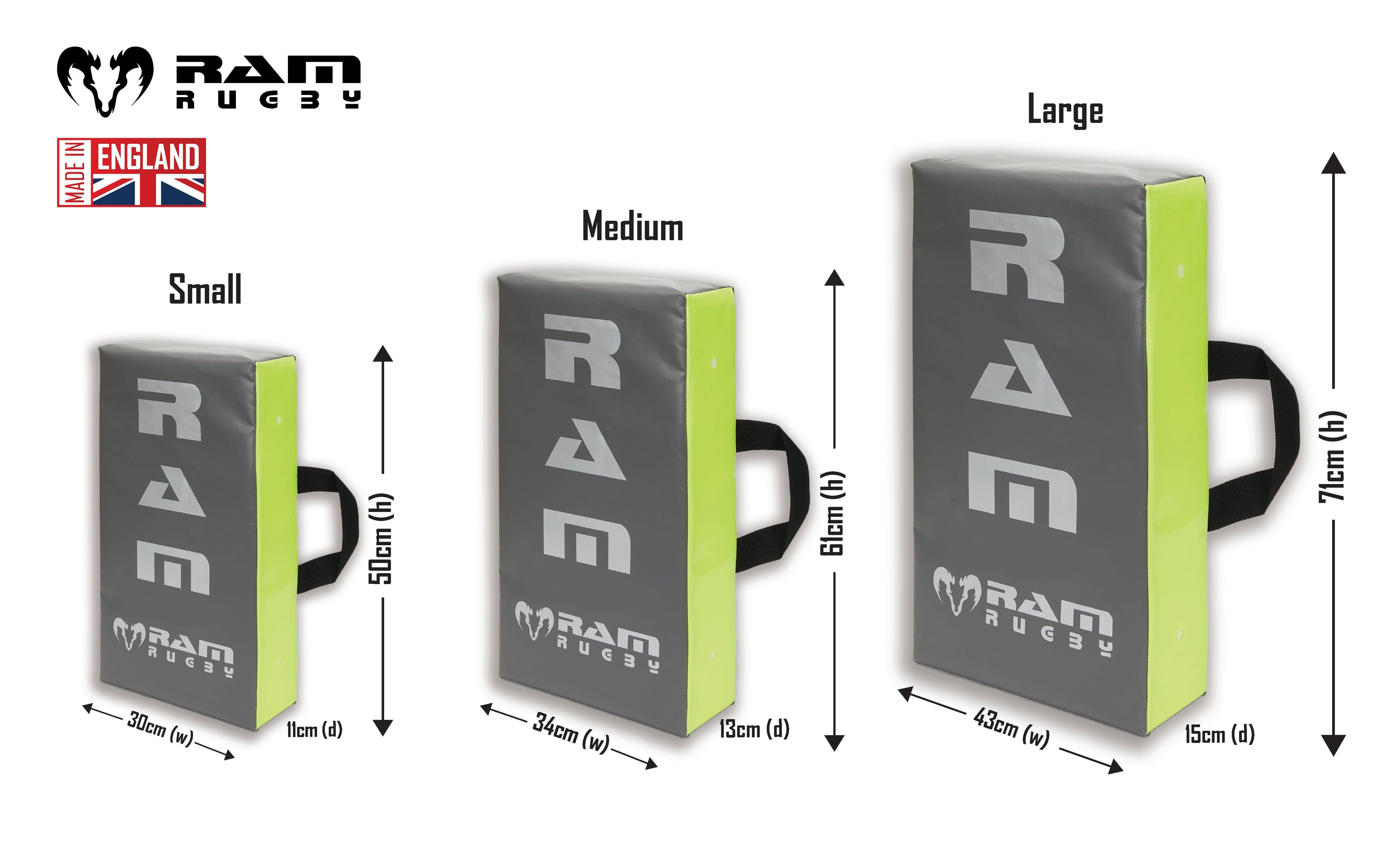 Ram Rugby Flat Hit Shield in black and red with durable PVC shell, high-density foam, and adjustable handheld straps for training