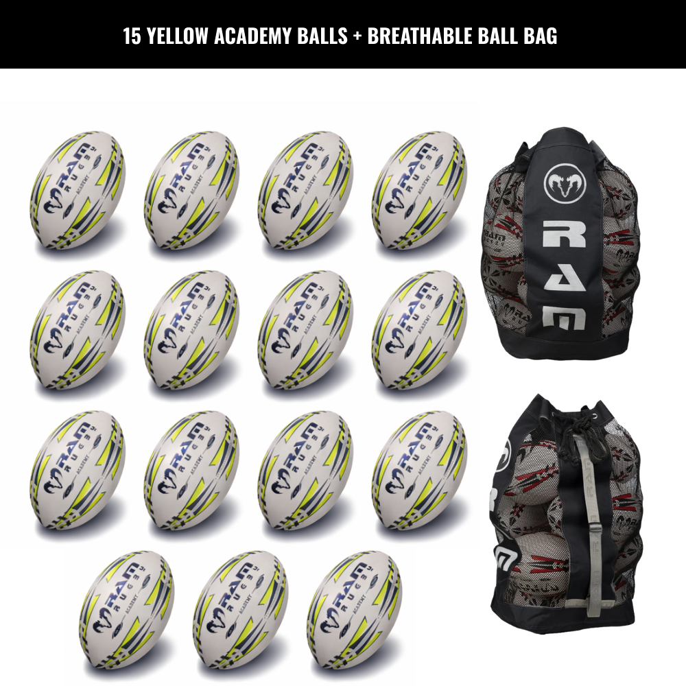 Pack de 15 ballons d'entraînement Ram Rugby Academy avec sacs de rangement