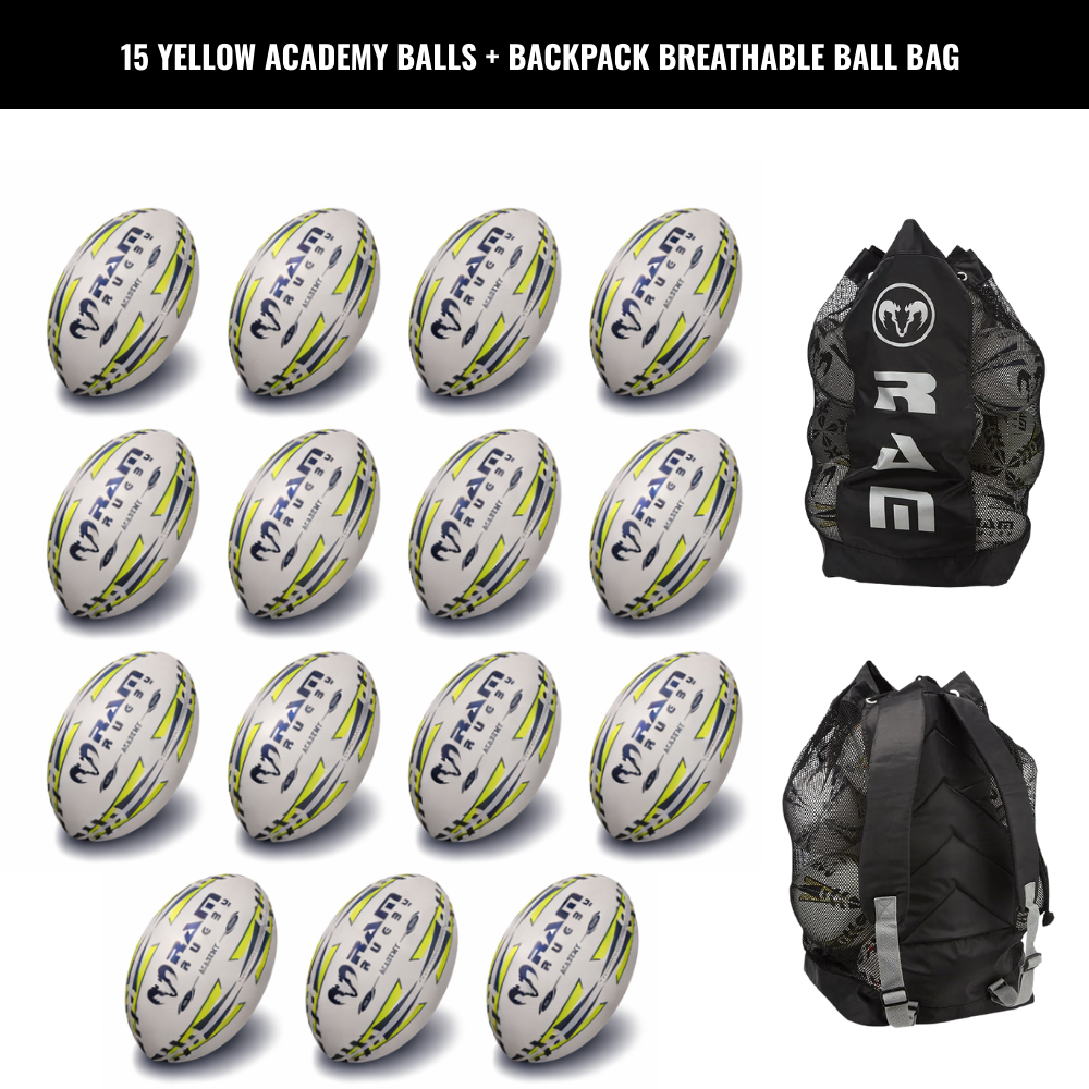 Pack de 15 ballons d'entraînement Ram Rugby Academy avec sacs de rangement