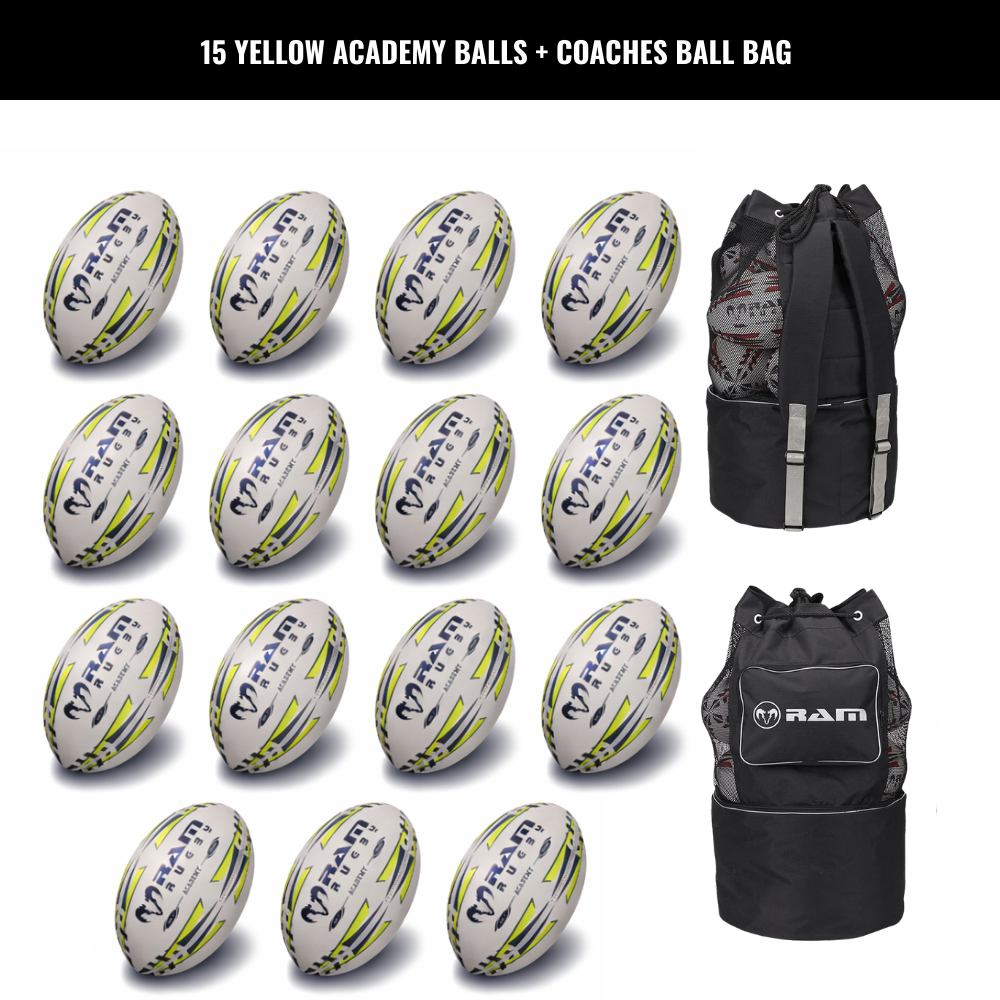 Pack de 15 ballons d'entraînement Ram Rugby Academy avec sacs de rangement