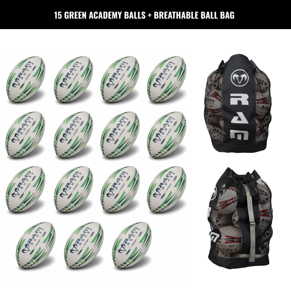 Pack de 15 ballons d'entraînement Ram Rugby Academy avec sacs de rangement