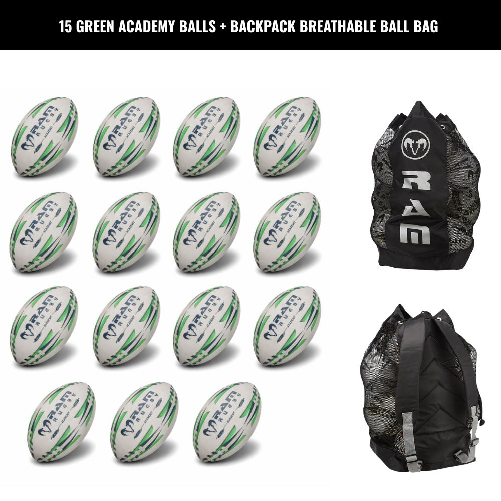 Pack de 15 ballons d'entraînement Ram Rugby Academy avec sacs de rangement