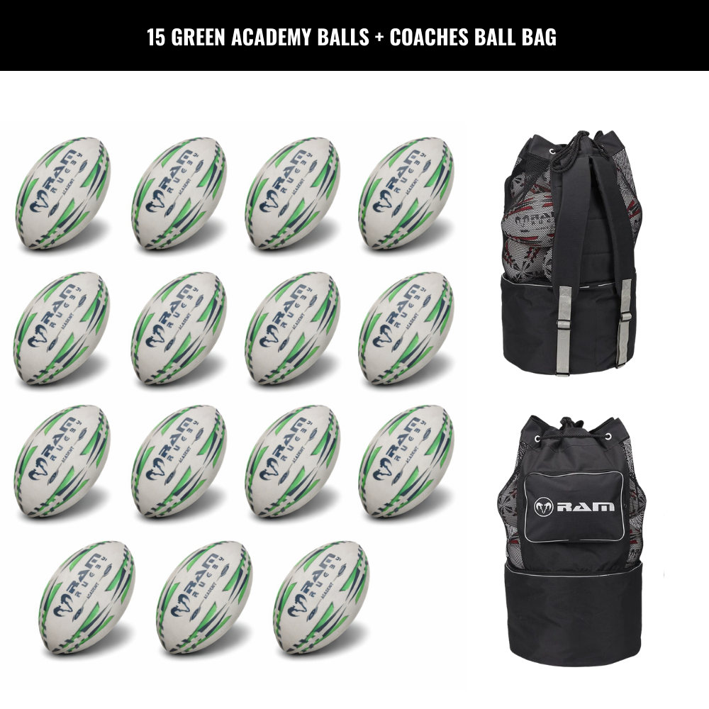 Pack de 15 ballons d'entraînement Ram Rugby Academy avec sacs de rangement