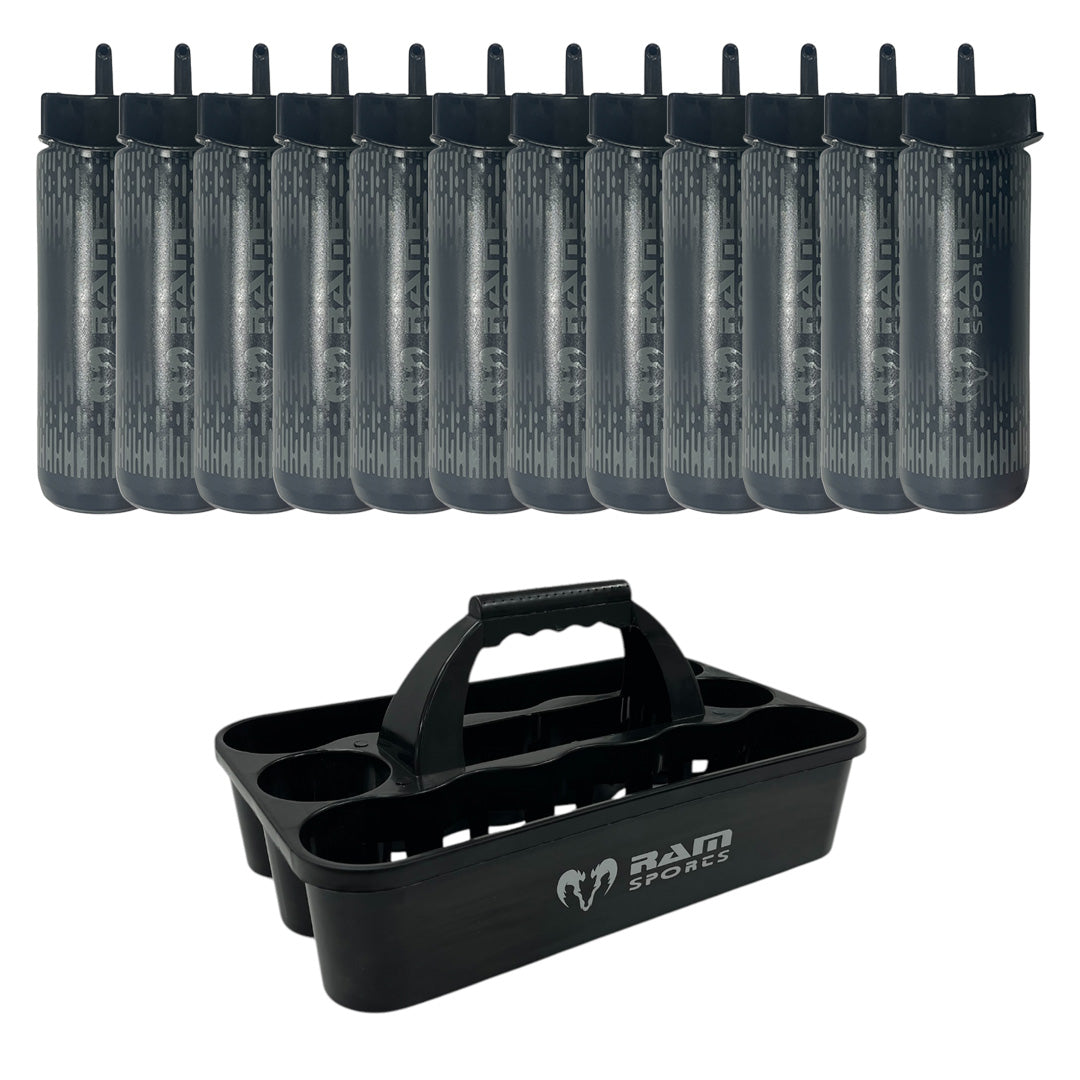 Ram Rugby black plastic 12 bottle water carrier with ergonomic handle, durable PVC, perfect for sports or events