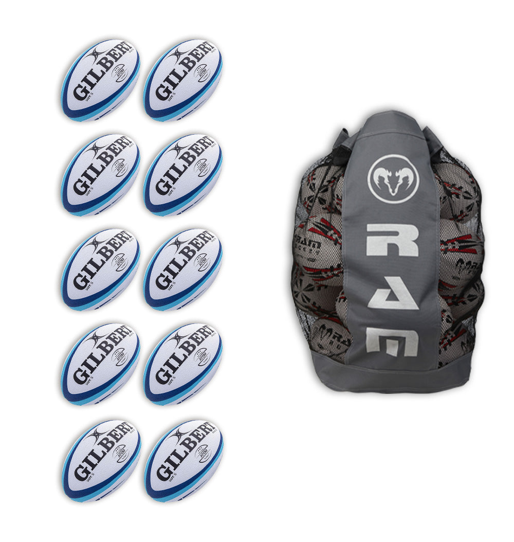 Gilbert Atom 10 pack rugby match balls with branded breathable bag, durable size 5 balls ideal for training and matches
