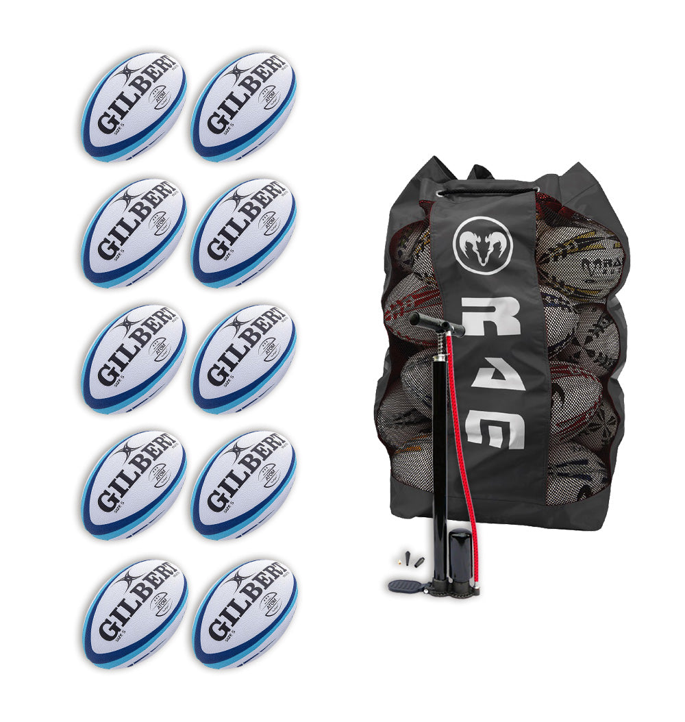 Ten Gilbert Atom size 5 match rugby balls neatly stacked inside a black breathable bag designed for secure storage and transport.