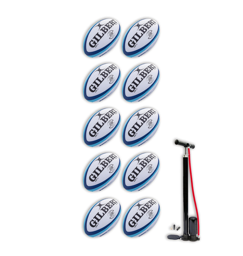 Gilbert Atom 10 pack match rugby balls in white with red and black detailing, displayed with breathable carrying bag for storage