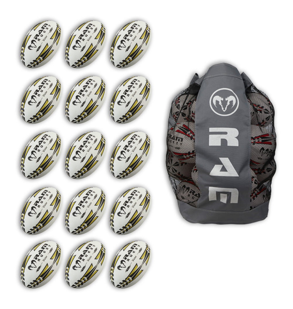 Pack de 15 ballons de rugby Ram Rugby Victor 2.0 Elite, taille 5, avec sac.