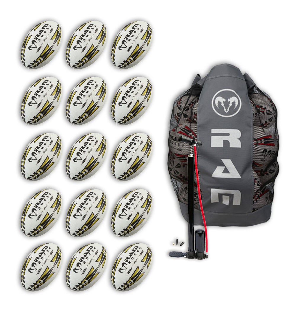 Pack de 15 ballons de rugby Ram Rugby Victor 2.0 Elite, taille 5, avec sac.