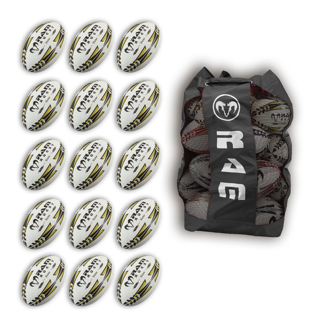 Pack de 15 ballons de rugby Ram Rugby Victor 2.0 Elite, taille 5, avec sac.