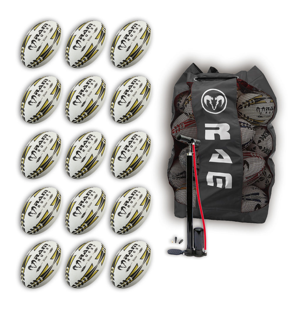 Fifteen gold Ram Rugby Victor 2.0 Elite Match Balls size 5 inside breathable black bag for team rugby training storage