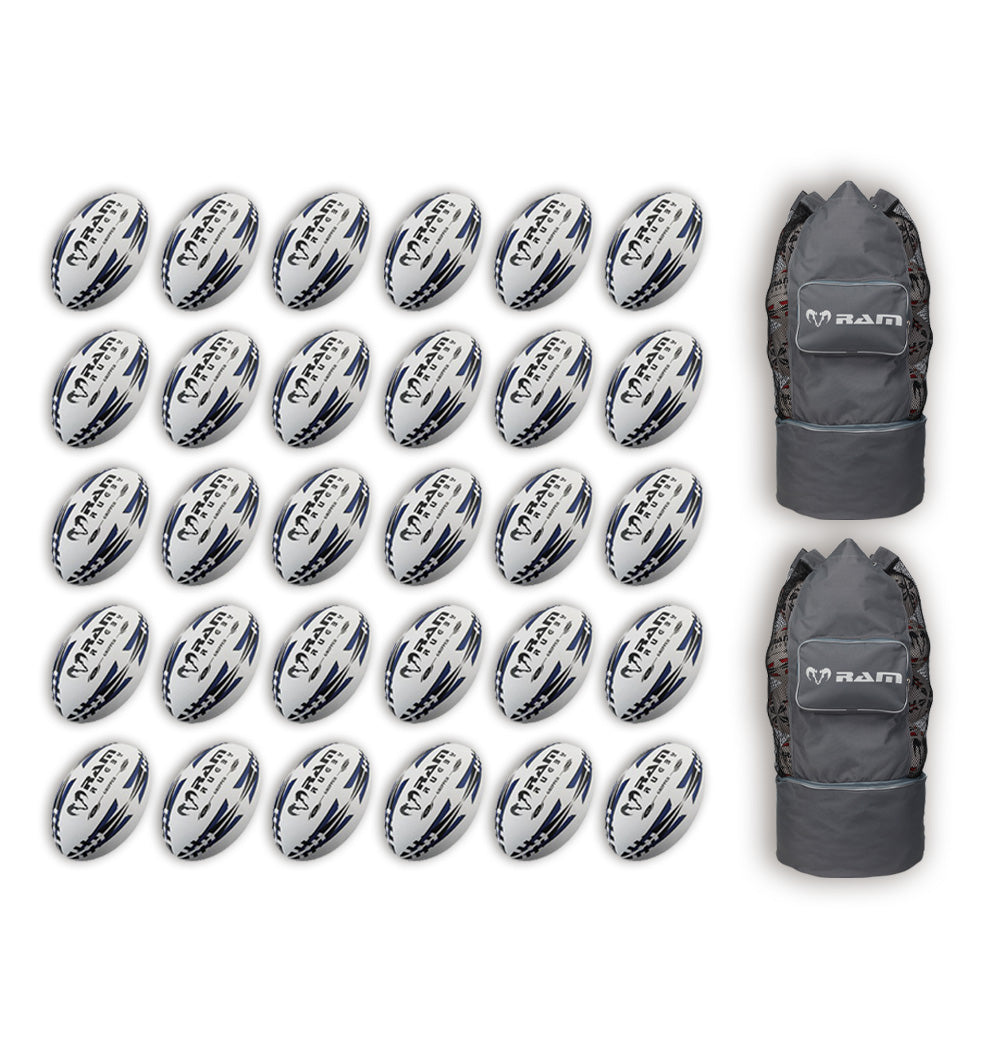 Stack of 30 Ram Rugby Gripper 2.0 Pro Trainer rugby balls beside two black breathable storage bags for training use