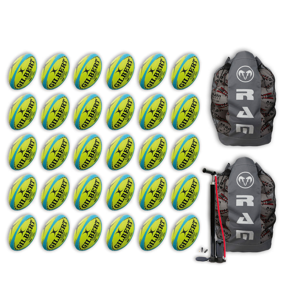Stack of 30 Gilbert G-TR4000 neon size 5 trainer rugby balls with 2 breathable black ball bags for training bundles