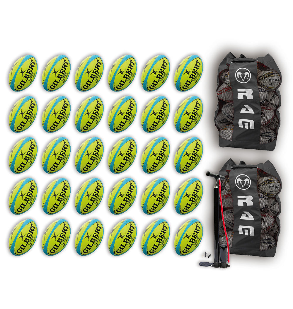 Thirty Gilbert G-TR4000 Trainer Neon size 5 rugby balls stacked with two breathable ball bags for sports training bundles