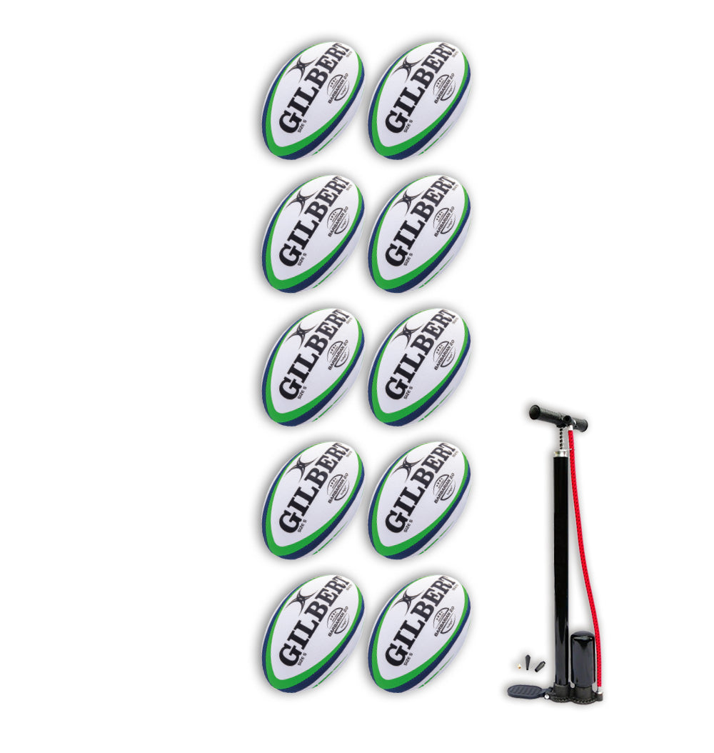 Set of 10 Gilbert Barbarian 2.0 Size 5 rugby balls with breathable Gilbert bag for training and match play bundle