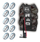 Set of 10 Gilbert Innovo size 5 rugby match balls with a black breathable storage bag for training and competitive play.