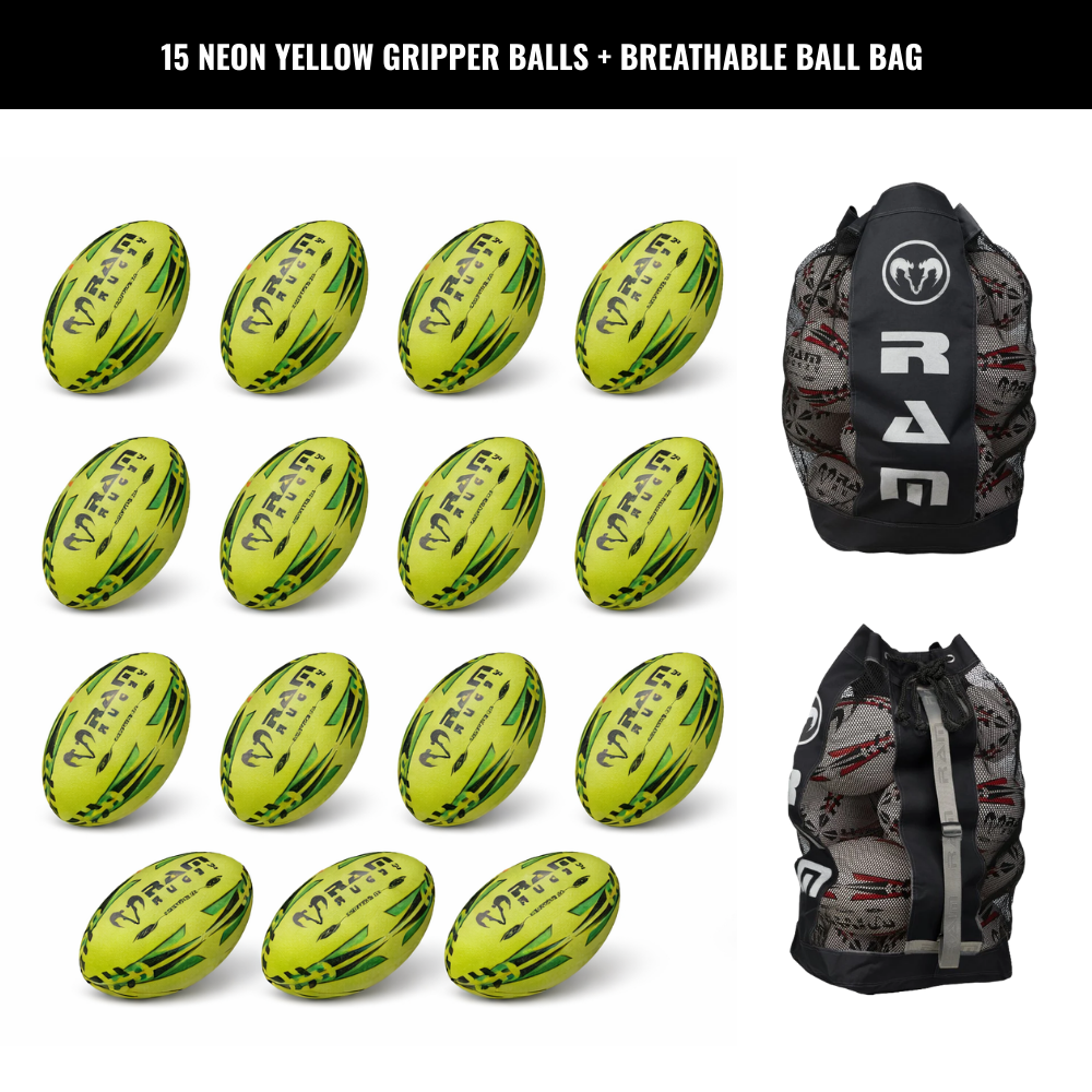 Ram Rugby Gripper 2.0 Pro Trainer Neon Ball Bundle (15 balles et 1 sac)