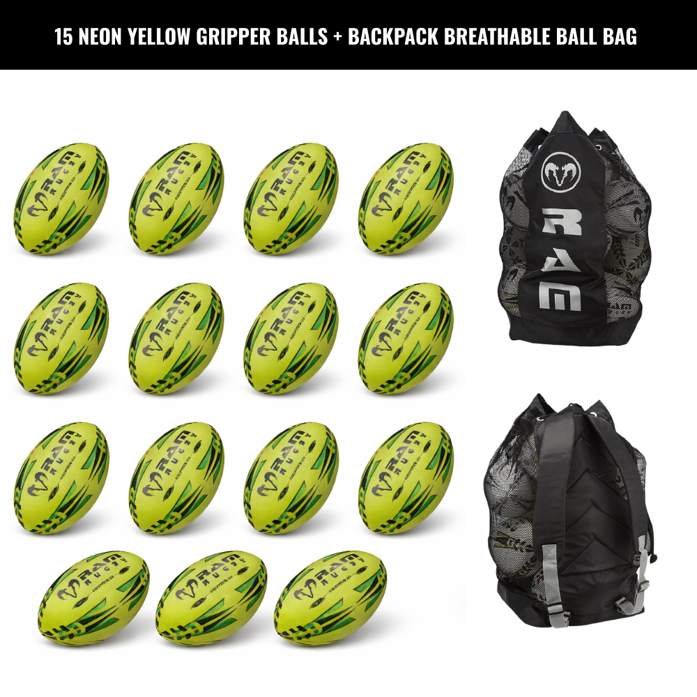 Ram Rugby Gripper 2.0 Pro Trainer Neon Ball Bundle (15 balles et 1 sac)