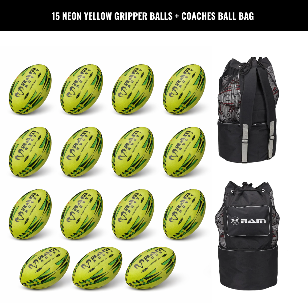Ram Rugby Gripper 2.0 Pro Trainer Neon Ball Bundle (15 balles et 1 sac)