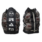 Ram Rugby breathable ball bag with durable nylon mesh, adjustable strap, and base drainage holes for moisture release.