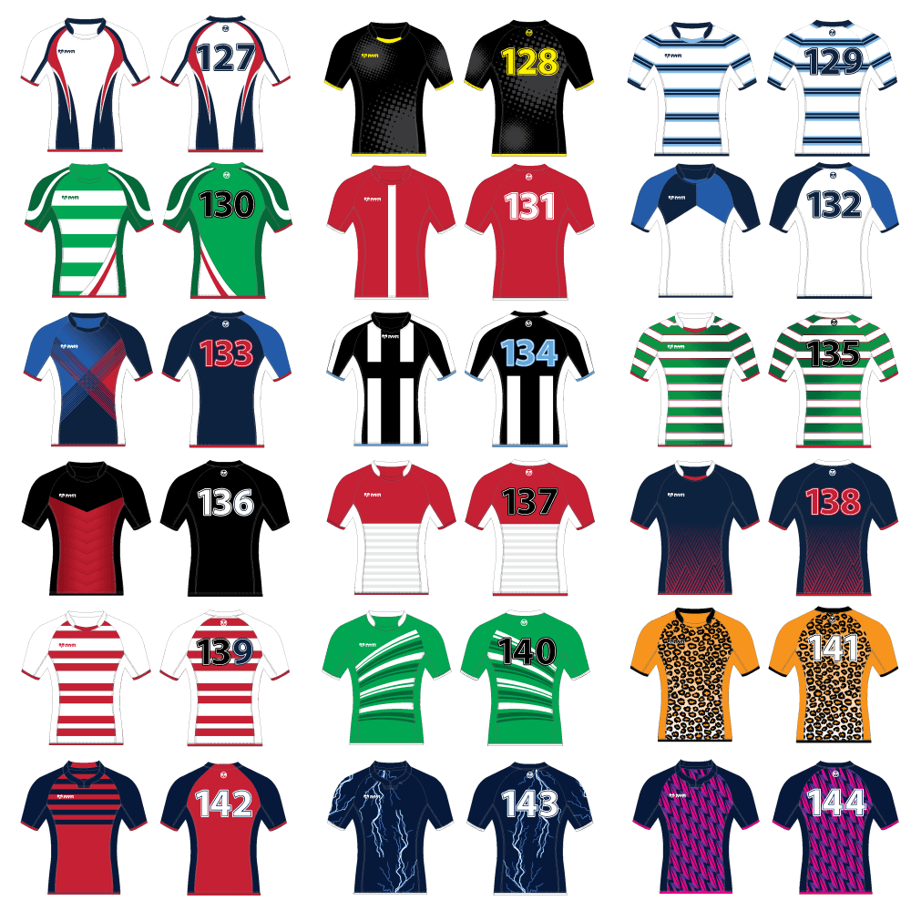 Ram Rugby Challenger Sublimated rugby shirt in blue and white with durable mid-stretch fabric and contoured semi-fit design.