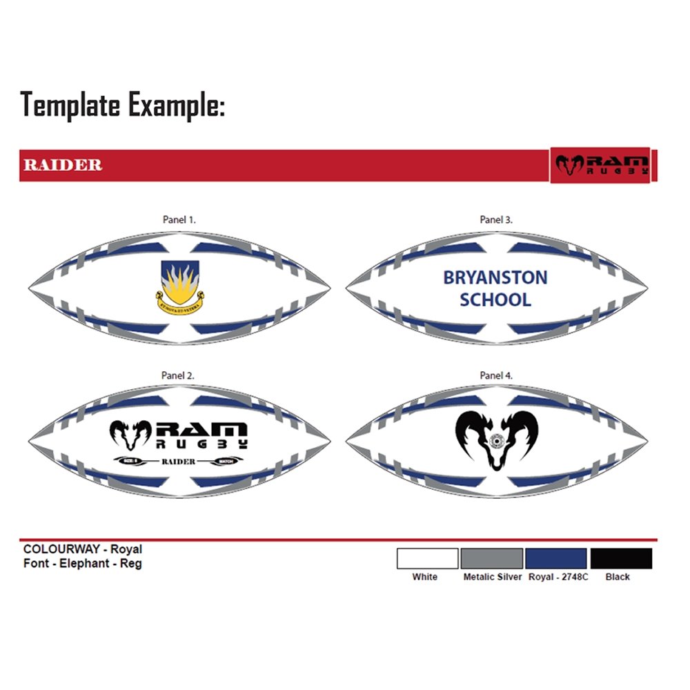 Ram Rugby custom rugby ball bundle featuring match and training balls with logo printing and breathable backpack bags