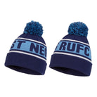 Ram Rugby custom knitted bobble hats bulk order showing colorful acrylic beanies with embroidered school logos, large size options