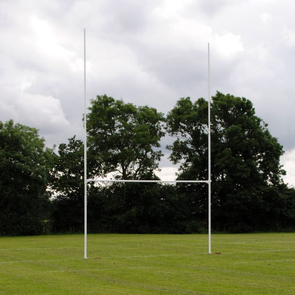 Ram Rugby 12m white aluminium fixed socketed rugby goal posts with three-piece uprights and crossbars for full setup