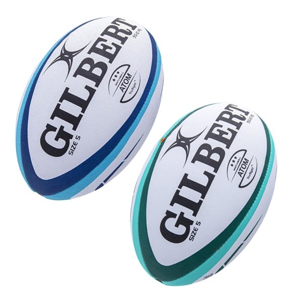 Gilbert Atom rugby match ball with textured G-SR rubber surface and patented Truflight valve for reliable grip and air retention